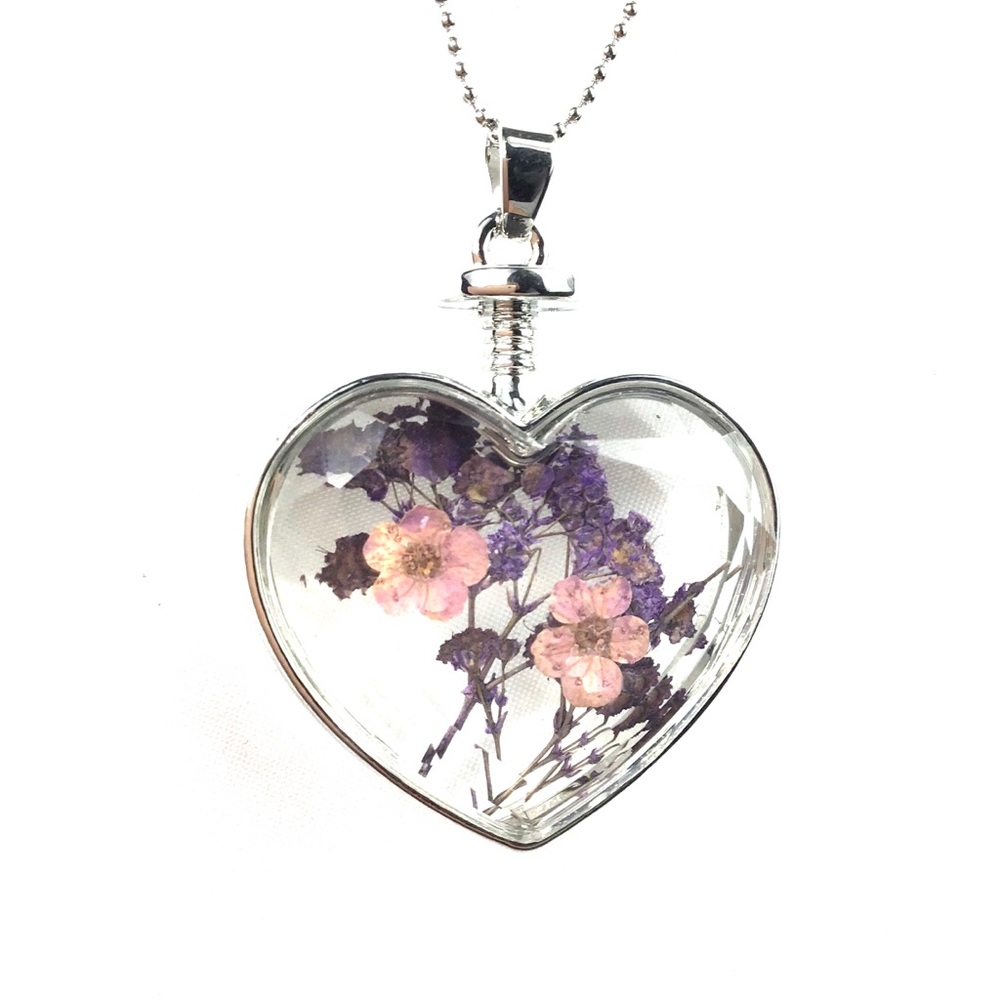 New Natural Real Dried Flower Heart Glass Necklace